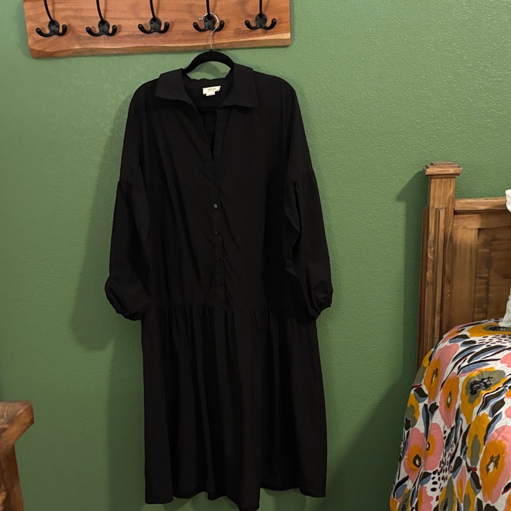 Anthropologie Dropped Waist Black Long Sleeve Dress with Puffy Sleeves